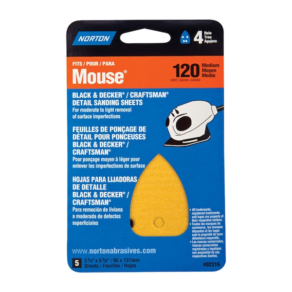 Norton Abrasives Norton 5-1/4 in. L X 3-3/4 in. W 120 Grit Aluminum Oxide Mouse Sandpaper 5 pk 7660702316 - main
